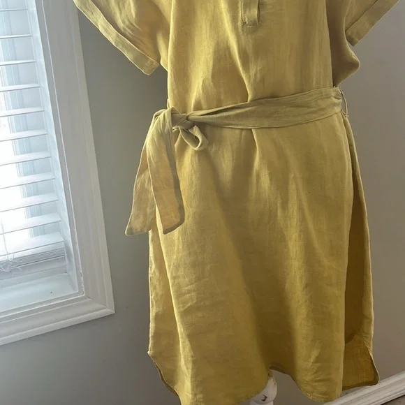 Marisa & Marie Linen Yellow Short Sleeve Mid Length Dress with Waist String - Picture 3 of 9